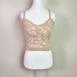 Forever 21 Y2K Pink Fuzzy Leopard Knit Crop Top Women’s Small Soft Cami Coquette